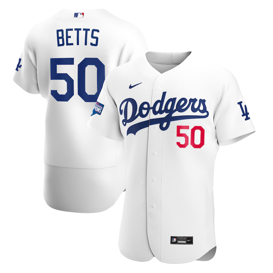 Men's Los Angeles Dodgers #50 Mookie Betts 2020 White World Series Champions Patch Flex Base Sttiched Jersey